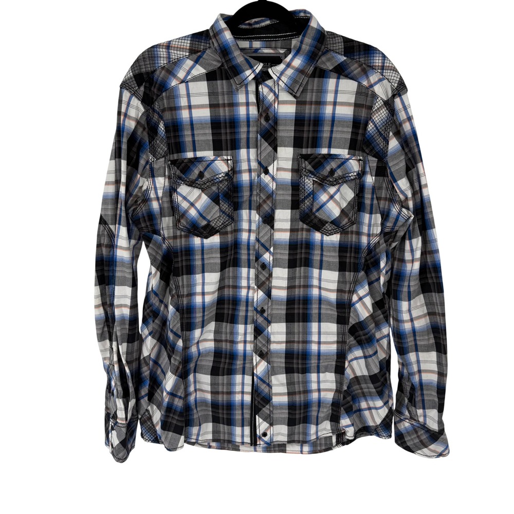 Buckle Black Pearl Snap Blue Black Plaid Button Down Mens L Athletic Fit